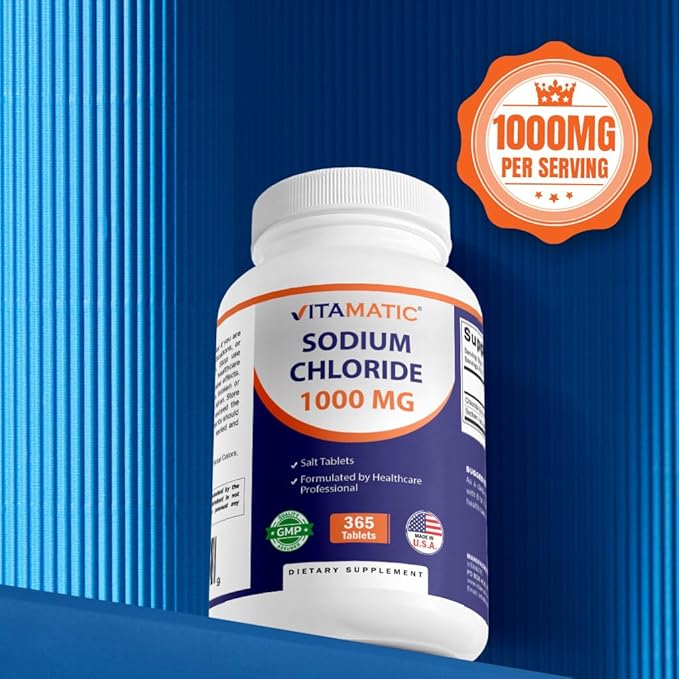 Vitamatic Sodium Chloride 1000mg – 365 Tablets Electrolyte Replenisher &amp Hydration Support – Non-GMO Gluten-Free -3 Bottles
