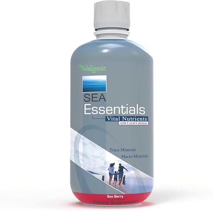 Wellgenix Sea Essentials Liquid Mineral Dietary Supplement with Trace and Macro Minerals and Coral Calcium – Sea Berry Flavor – 32 fl oz (Pack of 2)