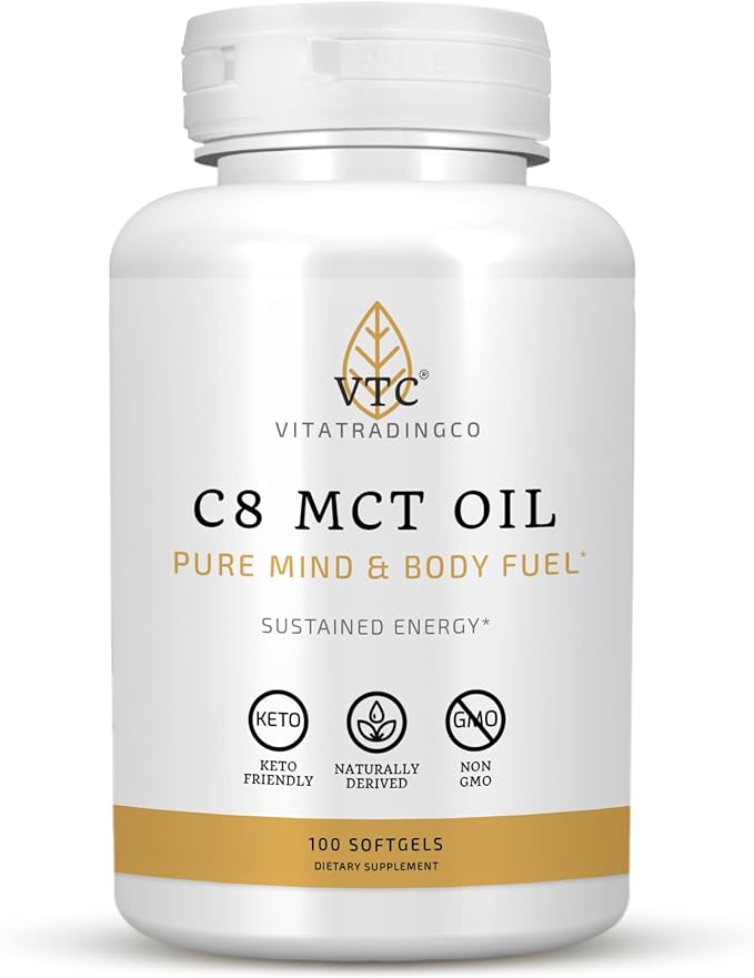VTC VitaTradingCo. C8 MCT Oil Capsules | Naturally Derived Caprylic C8 Supplement | Coconut Oil Pills | Sustained Energy | Keto Friendly Non GMO | 100 Softgels