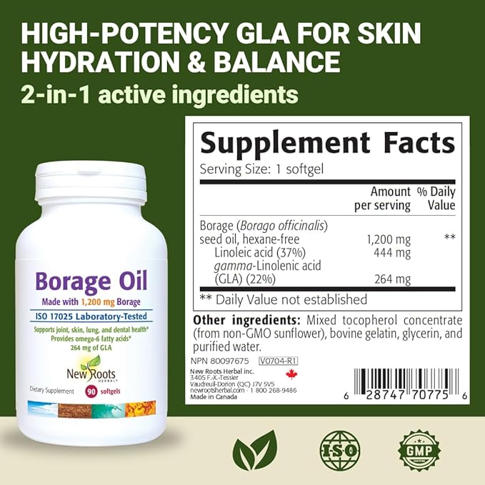 NEW ROOTS HERBAL Borage Oil Supplement 1200 mg | Organic Borage Seed Oil Cold-Pressed (90 softgels) GLA Supplement (264mg) with Linoleic Acid (444mg) | 100% Hexane-Free
