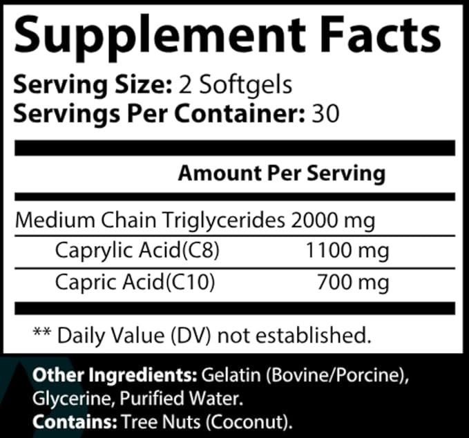 Premium MCT Oil Softgels C8 C10 | Brain &amp Energy Boost | Non-GMO Lab Tested 1100mg Caprylic Acid Keto Friendly Supplement