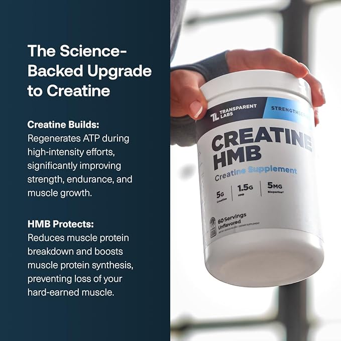 Transparent Labs Creatine HMB - Creatine Monohydrate Powder with HMB for Muscle Growth Increased Strength Enhanced Energy Output and Improved Athletic Performance - 30 Servings Unflavored