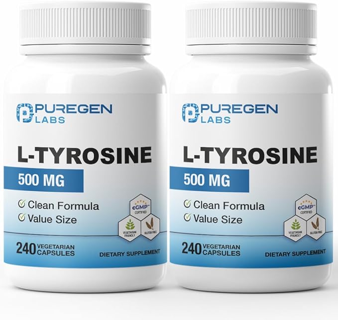 Puregen Labs L-Tyrosine 500 mg Total - 480 Vegetable Capsules | No Harmful Additives | Brain &amp Nervous System Support Non-GMO Vegan Gluten Free Dairy Free - 480 Servings