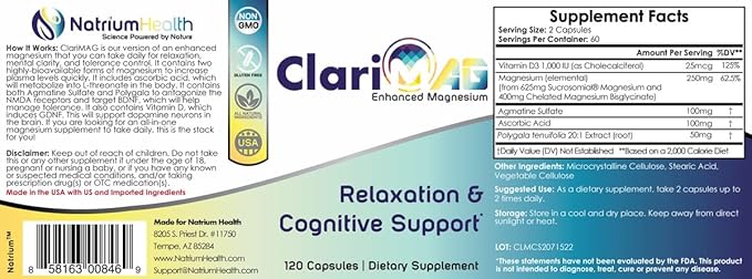 ClariMAG Capsules | Enhanced Magnesium | 120 Count | Relaxation &amp Cognitive Support | Nootropic Stack