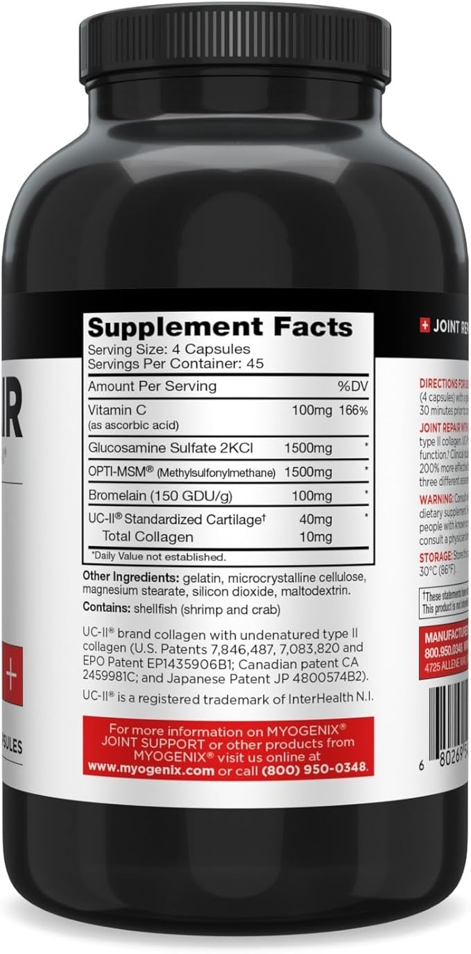 Myogenix Joint and Tissue Supplement – Glucosamine &amp Chondroitin with UC-II® and MSM Joint Support Vitamins for Men Bone and Joint Health Supplement (180 Capsules)