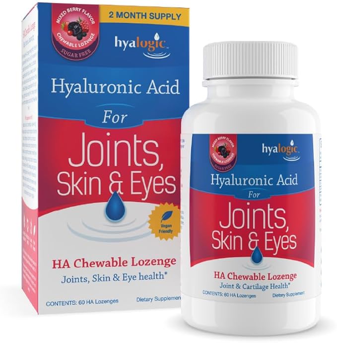 Hyalogic Hyaluronic Acid Chewable Lozenge - Chewable Tablets for Skin Care &amp Eyes – Vegan Sugar-Free and Berry Favored Hyaluronic Acid Supplements (60 Count)