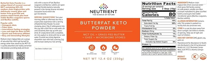 Neutrient Keto MCT Oil Powder | with Coconut Sourced MCT Oil &amp Ghee with Grass Fed Butter | Delicious Morning Keto Coffee Creamer for Ketosis Support | Fuel for Body &amp Brain