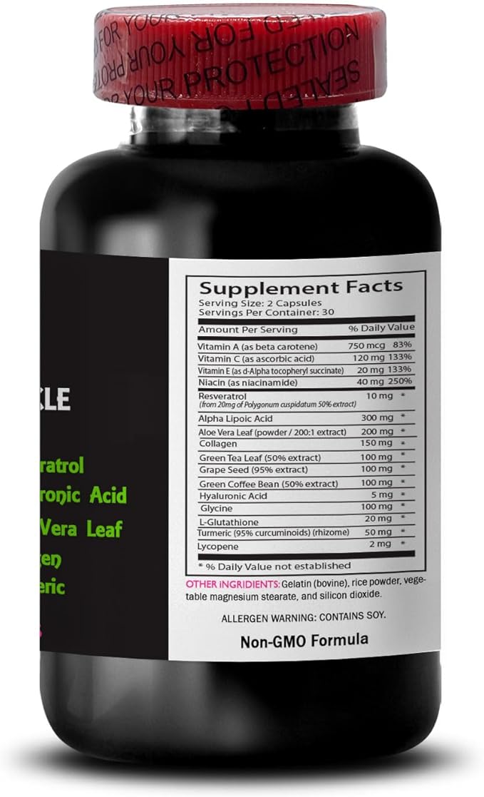 Alpha Lipoic Acid - Anti-Wrinkle Complex - Glycine Collagen Boost Green Tea Leaf L-Glutathione Turmeric Extract Hydration Boost Aloe Vera Leaf Lycopene Skin Texture 2 Bottles 120 Capsules