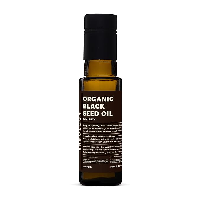 Erbology Organic Black Seed Oil 3.4 fl oz - Nigella Sativa - Cold-Pressed - Over 2.5% Thymoquinone - Supports Digestive Health and Immunity - Non-GMO - No Additives or Preservatives