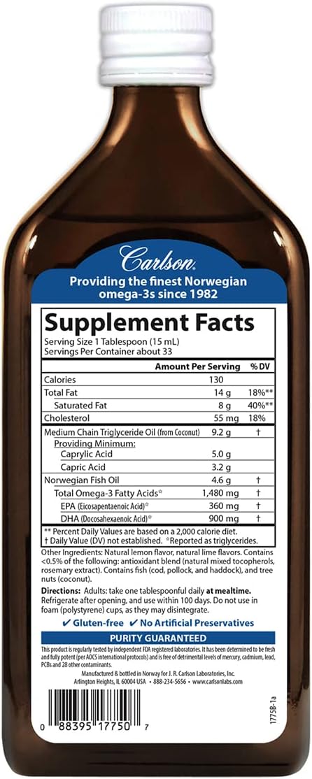 Carlson - MCT &amp Omega-3 1480 mg Omega-3s 9200 mg MCTs Keto-Friendly Caprylic &amp Capric Acids Energy Production Fat Metabolism Lemon-Lime 500 mL (16.9 Fl Oz)