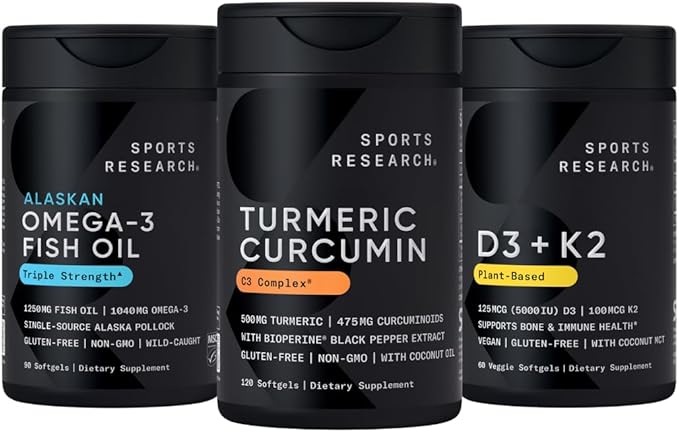 Sports Research Body Wellness Pack - Wild Alaskan Pollock Omega-3 Fish Oil 1250 (90 Softgels) Turmeric Curcumin C3 Complex (120 Softgels) &amp Vegan 5000IU Vitamin D + 100mcg Mk7 Vitamin K (60 Softg