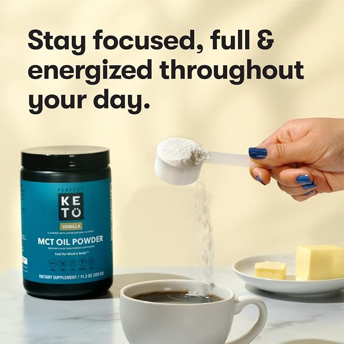 Perfect Keto 7g MCT Oil Powder Medium Chain Triglycerides Supplement Non Dairy Coffee Creamer for Keto Diet Ketogenic MCT Oil Mix for Coffee Smoothie Protein Shakes and Tea Vanilla 30 Servings