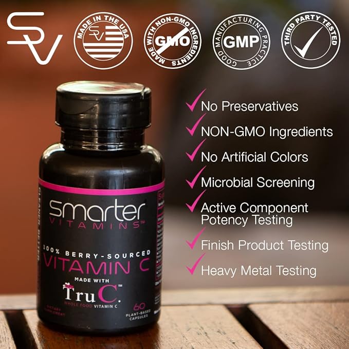 SmarterVitamins (5 Pack) Raw Whole Food Vitamin C from Berries Premium Antioxidants Bioflavonoids &amp Polyphenols 300 Vegan Capsules