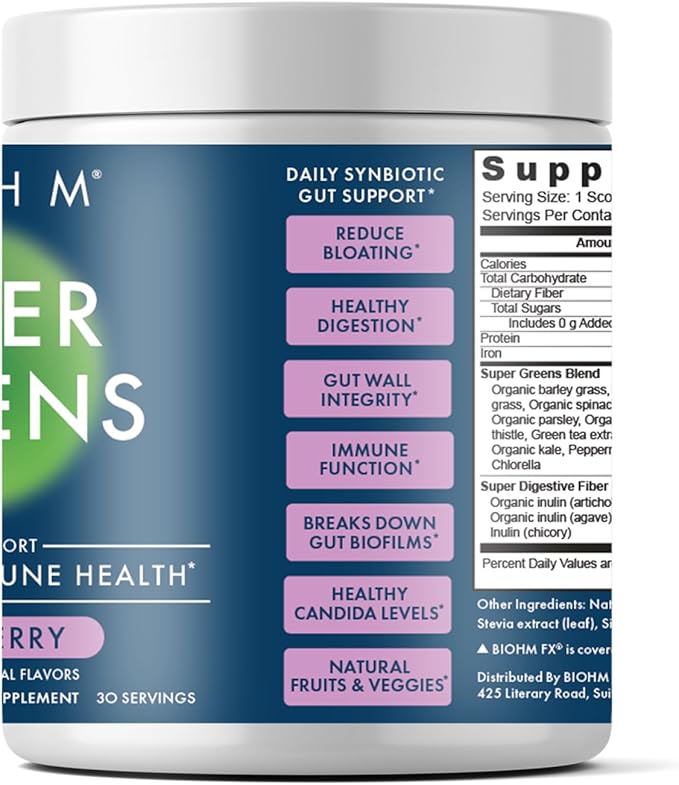 BIOHM Super Greens Green Superfood Powder (8.5 Oz 30 Servings) Antioxidant Veggie Powder &amp Smoothie Mix 34 Superfoods &amp Spirulina Digestive Enzymes Prebiotics and Probiotics Mixed Berry
