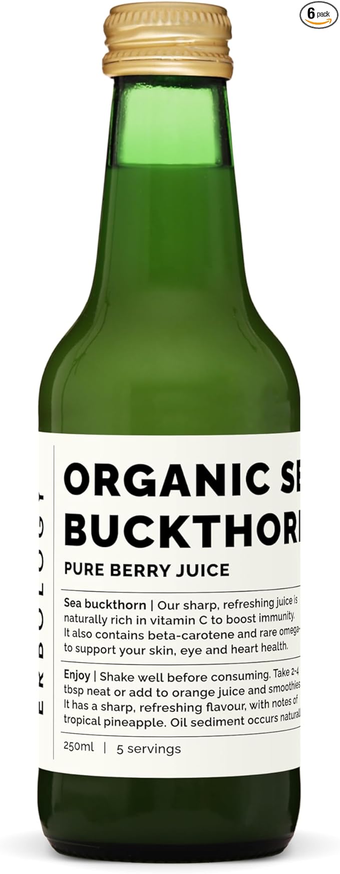 100% Organic Sea Buckthorn Juice 250ml (Box of 6) - Supports Immunity and Boosts Energy - High in Vitamin C Omega-7 and Beta-carotene - Undiluted - No Added Sugar - Non-GMO - Recyclable Glass Bottle