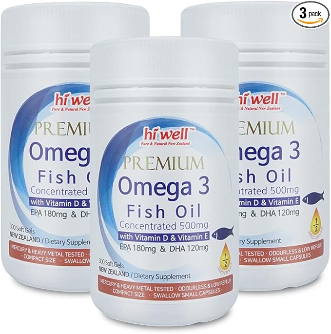 (Pack of 3) Hi Well Premium Omega 3 Fish Oil Concentrated 500mg 300 Softgels