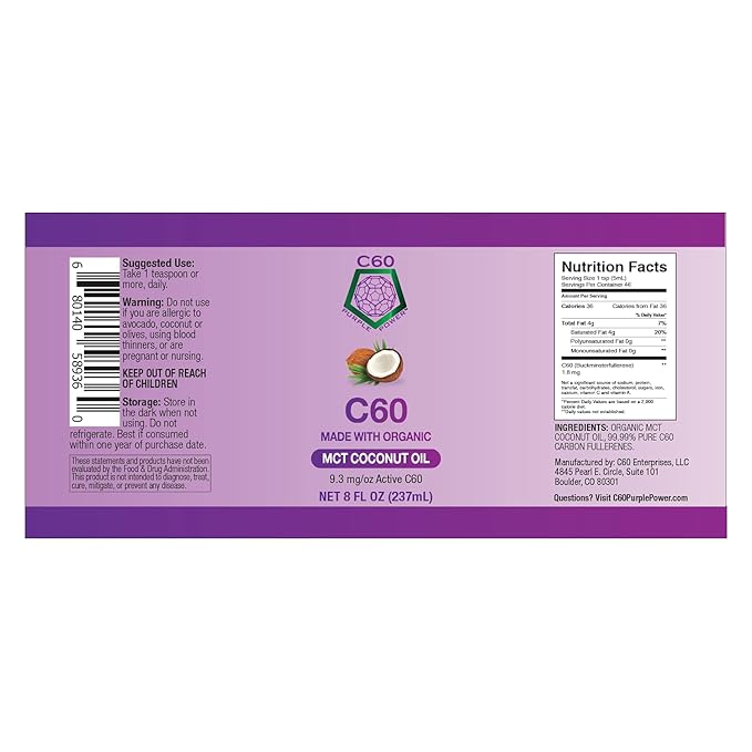 C60 Power C60 in Organic MCT Coconut Oil - Natural Wellness &amp Antioxidant Support for Men &amp Women 99.99% Pure Carbon Fullerenes Promotes Energy Mental Clarity &amp Stamina - 8 fl oz Bottl