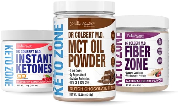 Divine Health Keto Zone Maintenance Pack Dr. Colbert | MCT Oil Powder (Chocolate) | Fiber Zone (Berry) | Instant Ketones (Raspberry) | Supports Energy &amp Gut Health