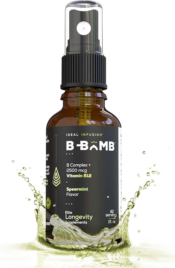 Ideal Infusion B-Bomb Vitamin B12 + B Complex Liquid Spray: Methylcobalamin with Adenosylcobalamin: Energy &amp Mood Support Sugar-Free Vegan Organic Spearmint Flavor