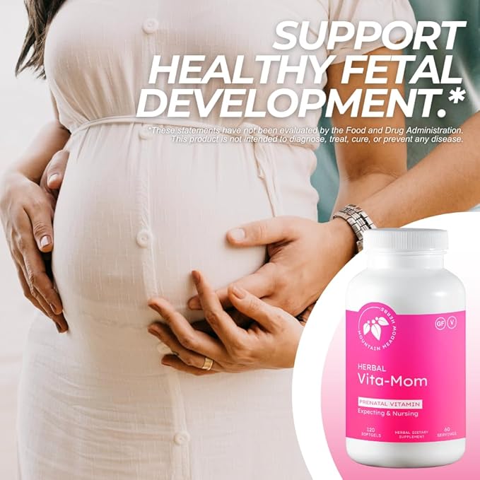Mountain Meadow Herbal Vita-MOM Prenatal Vitamins – Herbal Supplement for Women with 5-MTHF Folate Iron Multivitamins &amp Organic Herbs – 120 Softgels (2-Month Supply)