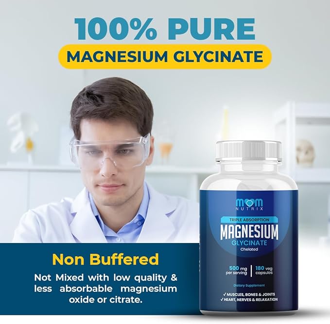 MOM Nutrix Magnesium Glycinate - 500 mg Chelated Triple Absorption Magnesium - Heart Bones Joints Support - Calm &amp Relax- 180 Capsules