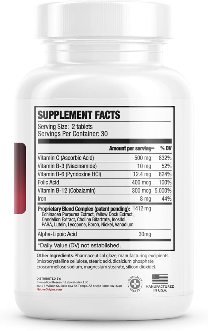 Natural Blood Builder Iron Supplement and Support for Healthy RBC &amp Oxygen Levels and Red Blood Cells Production for Women and Men - 60 Pills