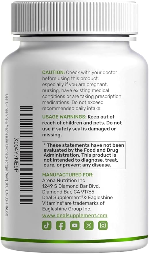 L-Theanine with Magnesium Glycinate 360 Softgels | L-Theanine 200mg &amp Magnesium Glycinate 200mg per Serving | 2-in-1 Amino Acid &amp Mineral Complex | Made with Coconut Oil | Non-GMO cGMP Manuf