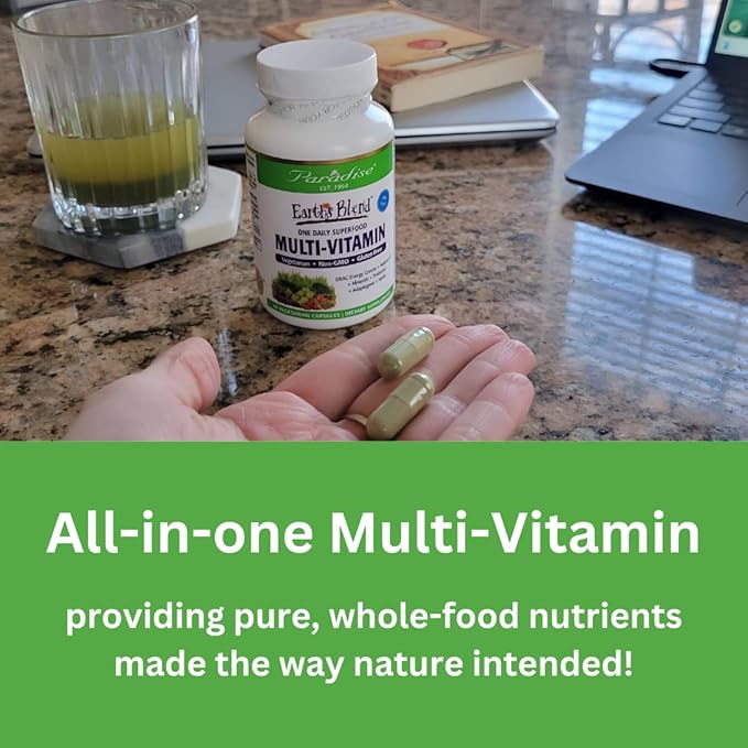 Paradise Herbs Earth's Blend Once Daily Multivitamin with Iron 48 Organic Superfoods Probiotics Antioxidants Vitamins A B12 C D K2 120 Capsules