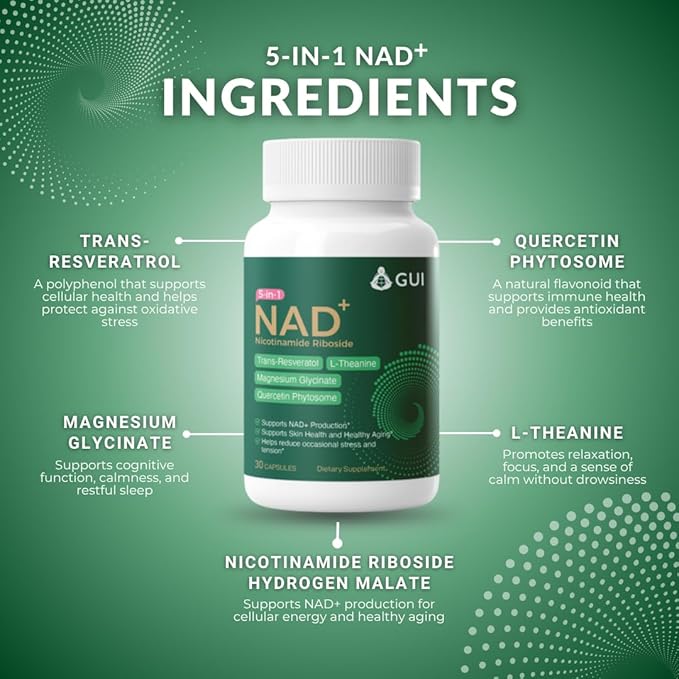 GUI 5-in-1 NAD+ Nicotinamide Riboside with Resveratrol L-Theanine Magnesium Glycinate &amp Quercetin Phytosome | Supplement for Supporting Energy Healthy Aging Mood &amp Sleep | 30 Capsules