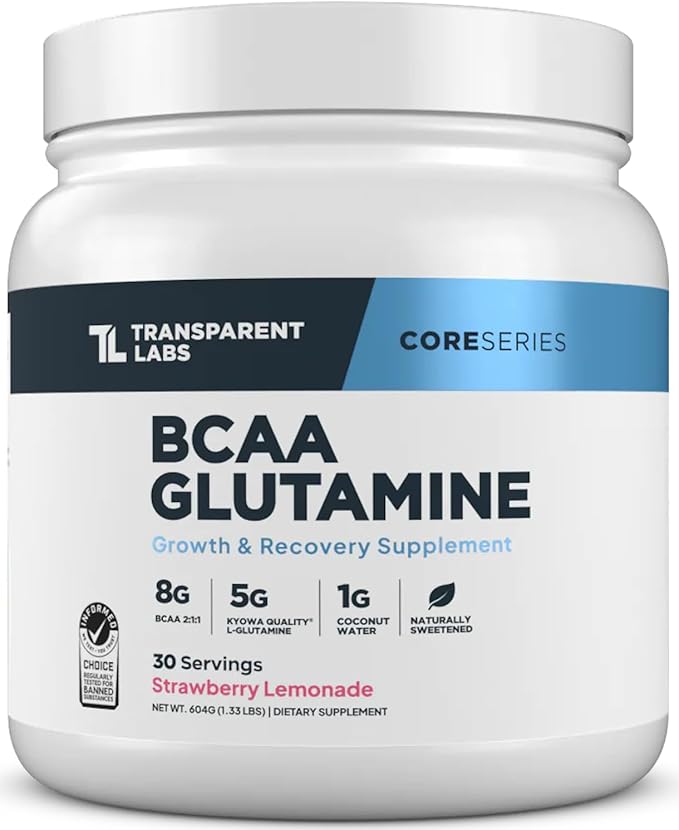 Transparent Labs BCAA Glutamine - 8000 Mg of BCAA Powder with L Glutamine for Post Workout Recovery Muscle Growth &amp Increased Endurance - 30 Servings Strawberry Lemonade
