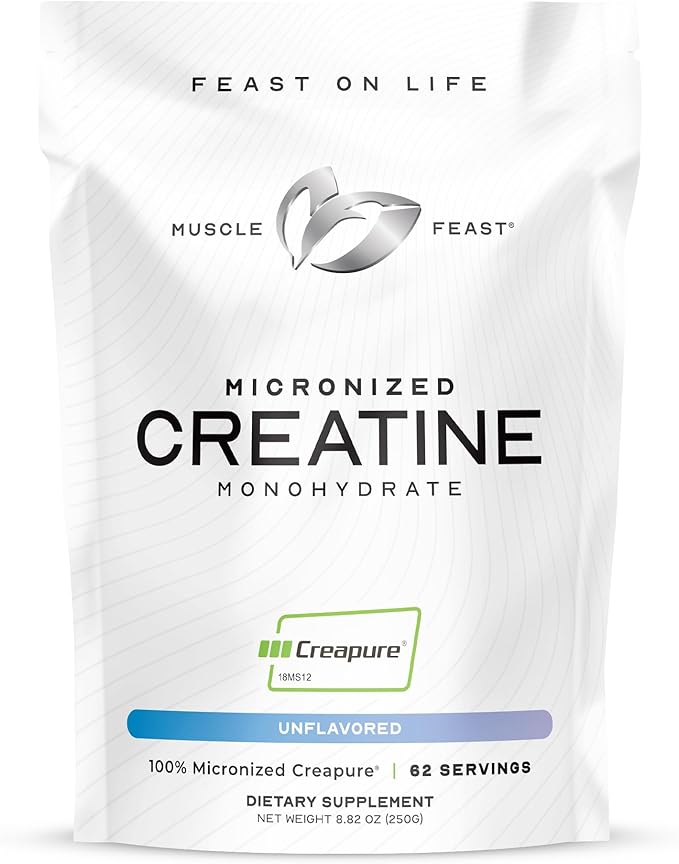 Muscle Feast Creapure - Micronized Creatine Monohydrate Powder | Premium Pre-Workout or Post-Workout | Creatine for Women &amp Men | Easy to Mix Vegan Gluten-Free Safe and Pure (Unflavored 250g)