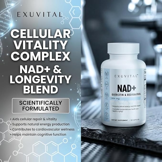 NAD+ Cellular Energy and Healthy Aging Support 60 Capsules with Quercetin and Resveratrol 500mg Metabolism Support DNA Repair Resveratol and Quercetin