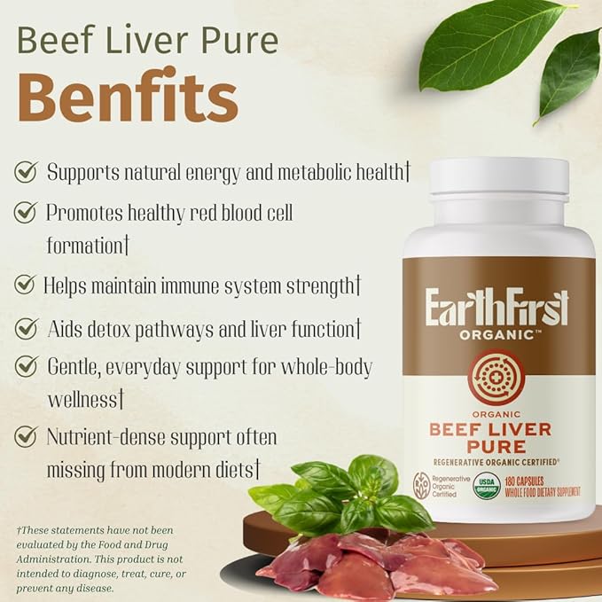 Beef Liver Pure – Regenerative Organic Certified Grass-Fed Liver Supplement – Natural Source of Iron Vitamin A &amp B12 – Supports Energy Metabolism &amp Vitality – 180 Capsules