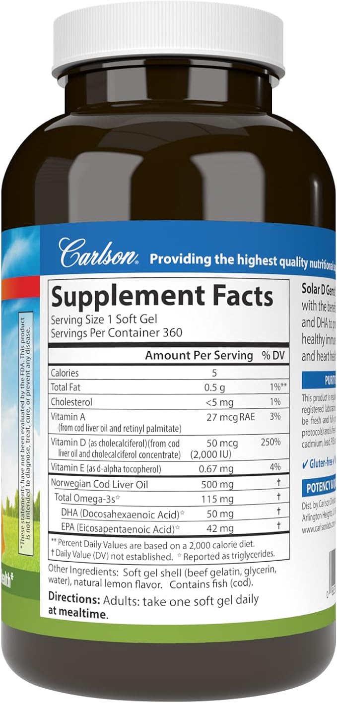 Carlson - Solar D Gems Vitamin D3 and Omega-3 Supplement 2000 IU (50 mcg) Vitamin D3 115 mg Omega-3s EPA and DHA Supplement Wild Caught Sustainably Sourced Lemon 360 Softgels