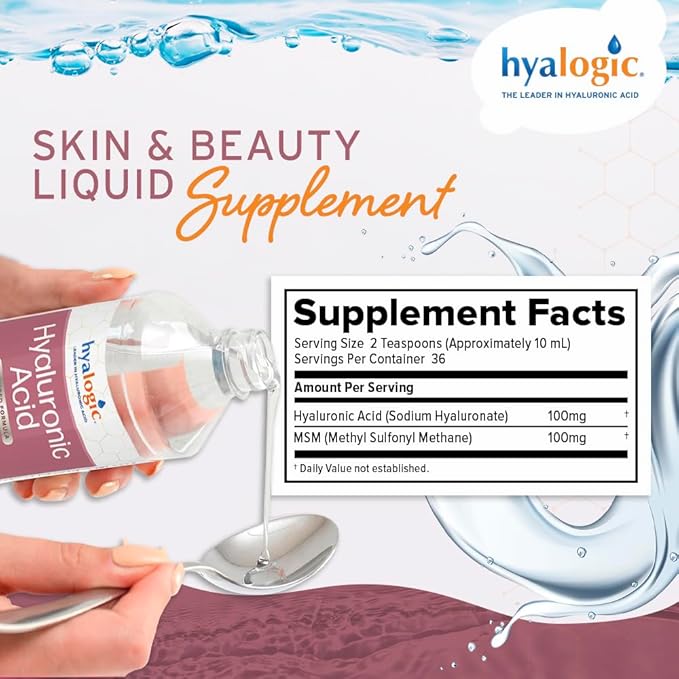 Hyalogic Liquid Hyaluronic Acid Supplement - Ingestible Skin Support with 100mg HA and 100mg MSM - Natural Hydration for The Face Eyes and Lips - High Molecular Weight Formula - 12 oz
