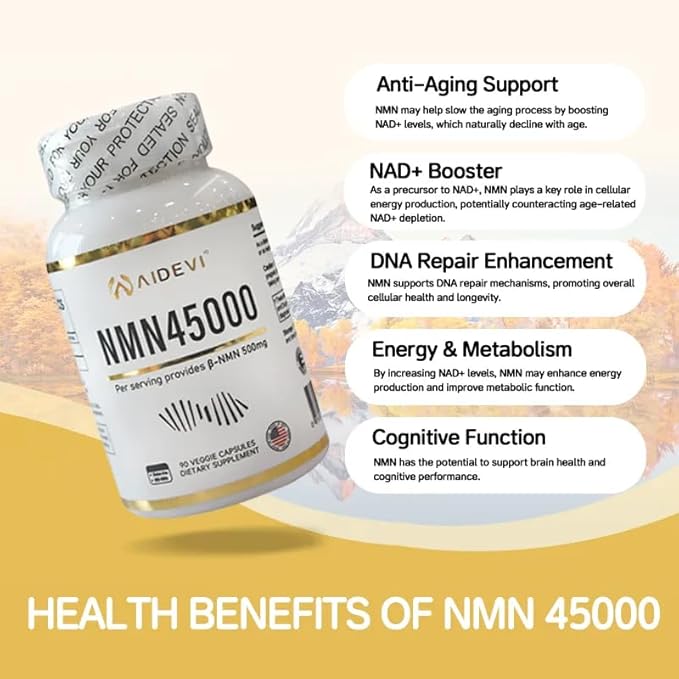 NMN 45000 (90 Caps) - 100% Pure β-Nicotinamide Mononucleotide | Single-Ingredient Formula (No Additives) | Made in USA NAD Plus Booster | 500mg Per Capsule for DNA Repair &amp Cognitive Support