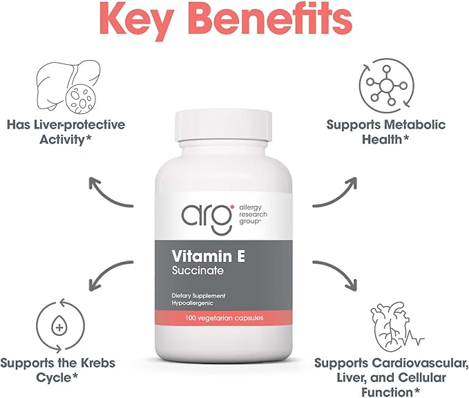 ARG Vitamin E Succinate - 400 IU d-Alpha-Tocopheryl Succinate - Antioxidant &amp Energy Support - Dry Powder Vegetarian Capsules - Hypoallergenic Formula - 100 Servings - 100 Capsules