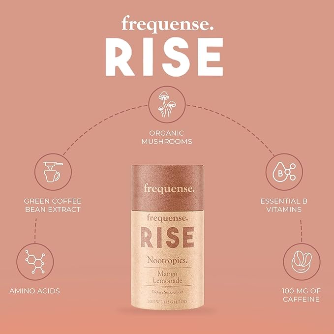 Frequense - Rise Nootropic Sticks - Mango Lemonade Flavor - Supports Brain Performance &amp Clarity - With Mushrooms B Vitamins &amp Green Coffee - 132g