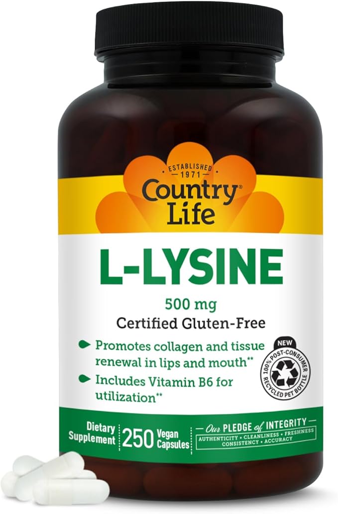 Country Life L-Lysine 500mg with B-6 Supports Immune Health Promotes Collagen Renewal in Lips and Mouth 250 Vegan Capsules Certified Gluten Free Certified Vegan