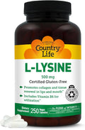 Country Life L-Lysine 500mg with B-6 Supports Immune Health Promotes Collagen Renewal in Lips and Mouth 250 Vegan Capsules Certified Gluten Free Certified Vegan