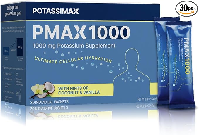 PMAX1000 High Dose Pure Potassium Electrolyte Supplement Powder 1000mg 4-Type Potassium Blend-Citrate Gluconate BicarbonateChloride Supports Healthy Blood Pressure Heart Kidneys Bones Muscles