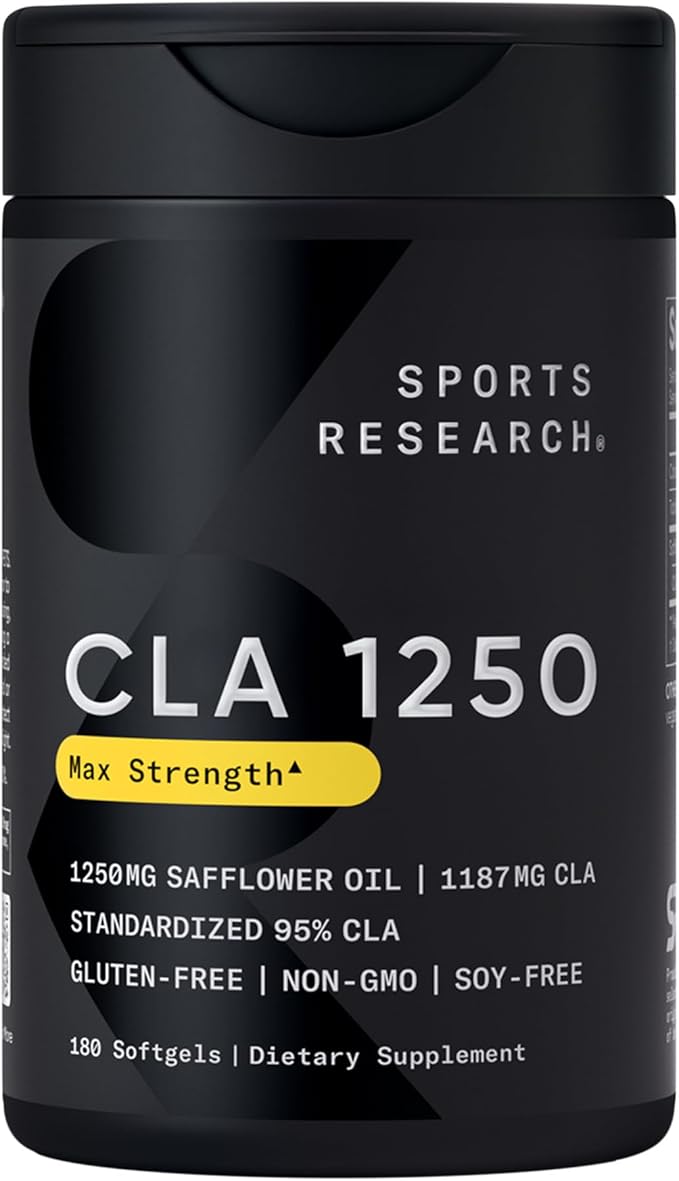 Sports Research CLA - 1250mg with Active Conjugated Linoleic Acid for Men and Women | Non-GMO Soy &amp Gluten Free - 95% (180 Softgels)…