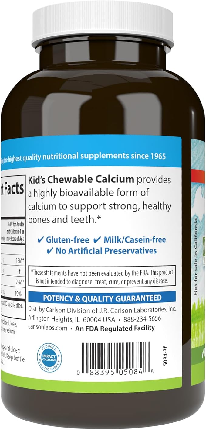 Carlson - Kid's Chewable Calcium 250 mg Highly Absorbable Bone &amp Teeth Support Optimal Wellness Natural Vanilla Flavor 120 Tablets