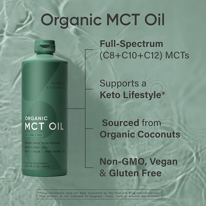 Sports Research® Organic MCT Oil 128oz - Keto Fuel for Body &amp Brain - Vegan Certified · Non-GMO ­· Gluten Free - Unflavored Coconut Oil Includes Pump Spout
