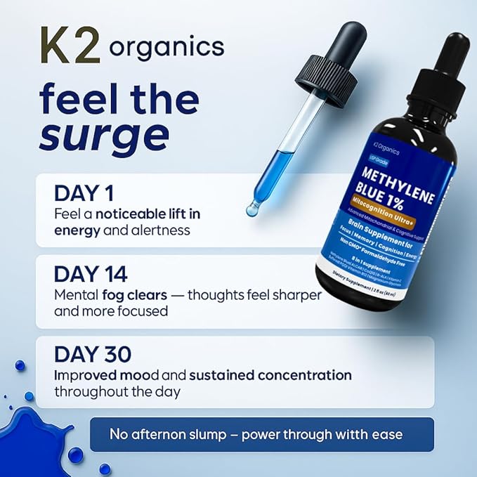 Methylene Blue Drops 2oz-MitoCognition Ultra+ 8-in-1 Pharmaceutical Grade 1% Solution Support Focus Memory Cognition and Energy–No Formaldehyde Third-Party Tested Brain Health Supplement for Humans