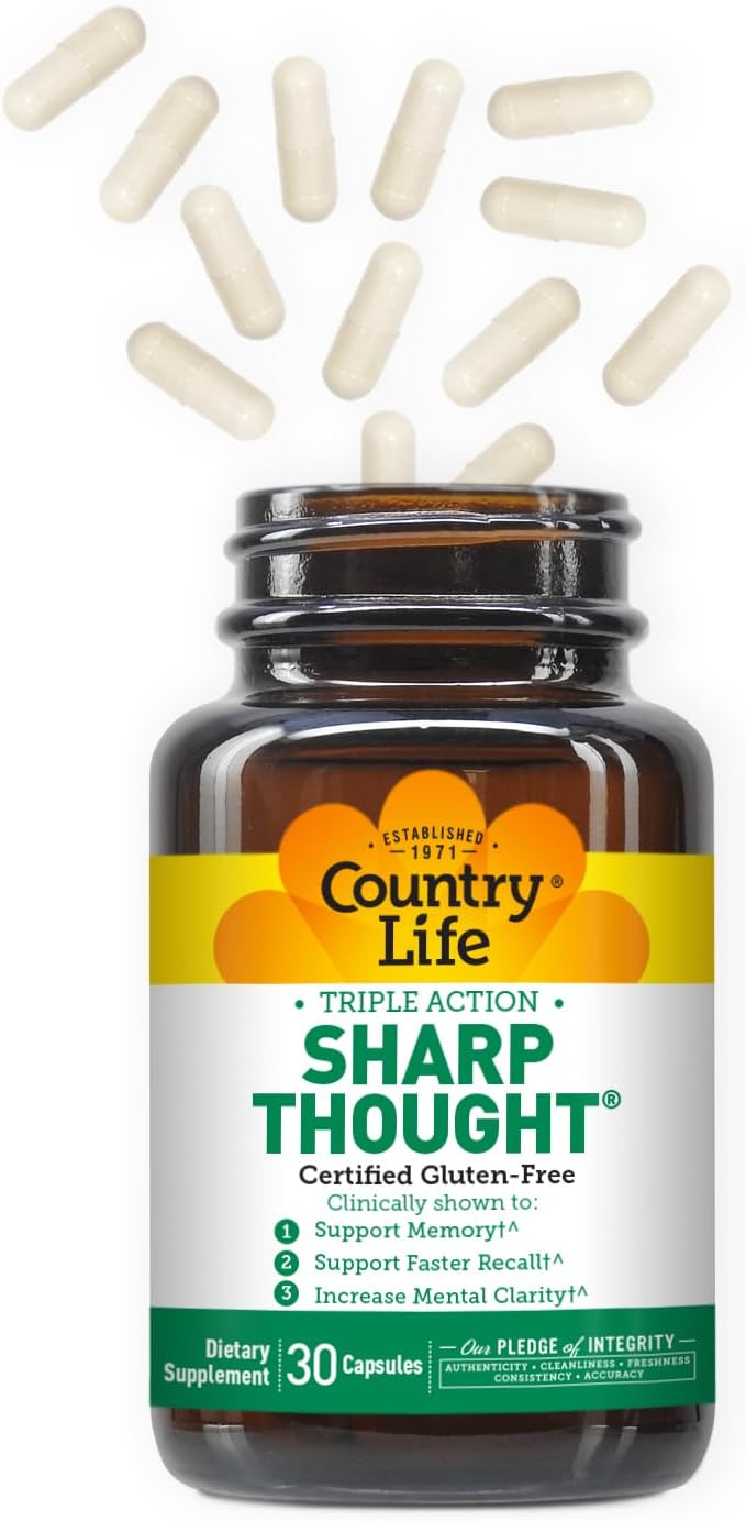 Country Life Sharp Thought - Memory &amp Cognitive Support Supplement – Sharp-PS Gold Phosphatidylserine + DHA – Promotes Mental Clarity &amp Faster Recall – Gluten-Free 30 Capsules