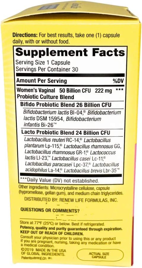 Renew Life Women's Probiotic Capsules 50 Billion CFU Guaranteed Supports pH Balance Vaginal Urinary Digestive and Immune Health(2) L. Rhamnosus GG Dairy Soy and Gluten-Free 30 Count