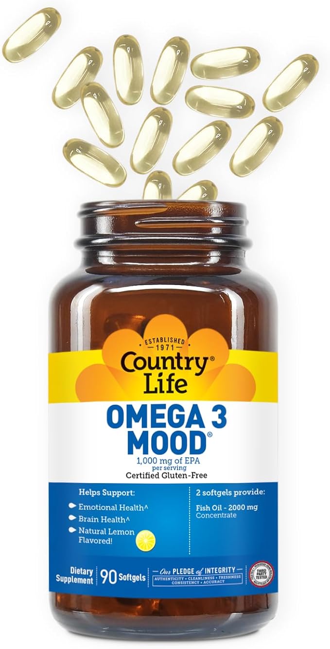 Country Life Omega 3 Mood – 2000mg Fish Oil with EPA &amp DHA – Brain Heart &amp Mood Support – Lemon Flavored No Fishy Aftertaste – Certified Gluten Free Non-GMO – 90 Softgels