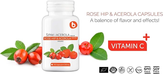 b Natural RoseHips &amp Acerola Capsules - Plant Based Vitamin C 1000mg from Acerola Cherry Powder &amp Rosehip Powder - Without Ascorbic Acid - Supports Immune Health - GMO Free - 90 Vegan Capsules