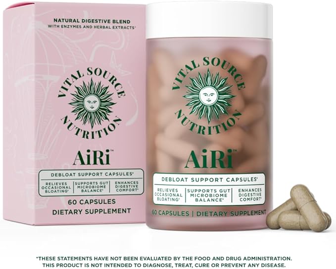 Vital Source Nutrition - AiRi - Debloat Support Capsules - Natural Digestive Blend with Enzymes &amp Herbal Extracts - Supports Gut Balance &amp Digestive Comfort - Supplements for Women - 30 Servin